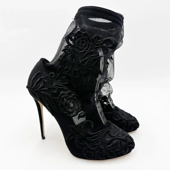 Dolce & Gabbana Embroidered Mesh Stretch-lace Sock Boots In Black - Picture 4 of 14